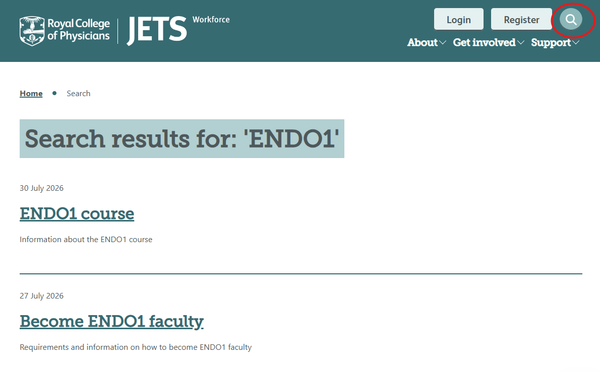 Example showing the JETS Workforce website search functionality